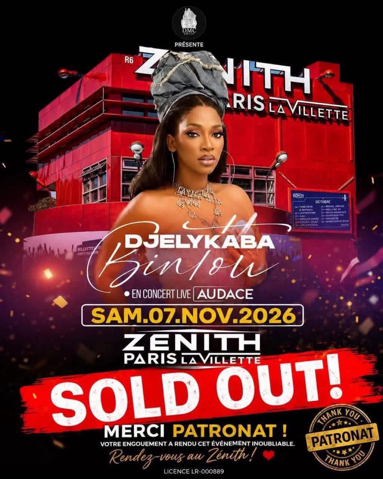 Affiche officielle du concert « Audace » de Djelykaba Bintou au Zénith de Paris – La Villette, samedi 7 novembre 2026, avec la mention Sold Out